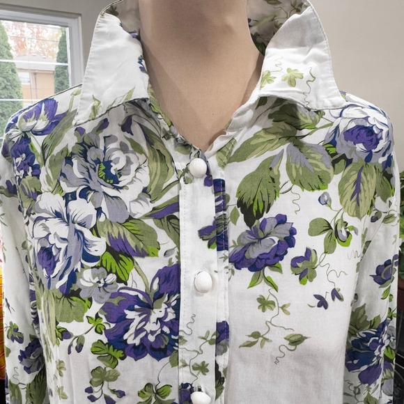BellaRosa Lavender Green Floral Button Front Shirt Dress Tunic M/L Cottagecore - Picture 2 of 8